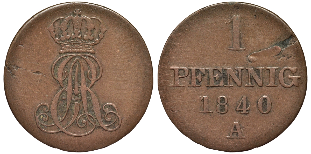 Ганновер 1 пфенниг 1840 A, Эрнст Август (1837-1851) KM 173.1, AKS 126, J. 54 медь 75-1627