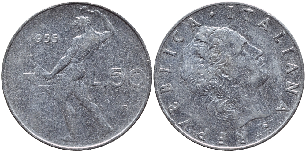 ИТАЛИЯ 50 ЛИР 1955 R, БОГ ОГНЯ ВУЛКАН У НАКОВАЛЬНИ KM 95.1 нержавеющая сталь 4395-532