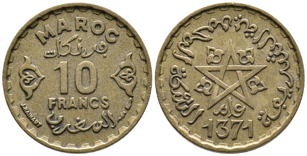 Марокко 10 франков 1952 АН1371, Мухаммед V (1346-1381) (1927-1962), французский протекторат KM 49 алюминиевая бронза 4549-645