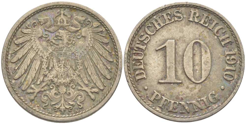 ГЕРМАНИЯ 10 ПФЕННИГОВ 1910 А KM 12, J. 13 медно-никель 210-654