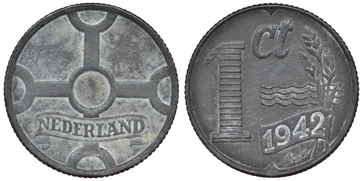 Нидерланды 1 цент 1942 германская оккупация KM 170 цинк 4119-755