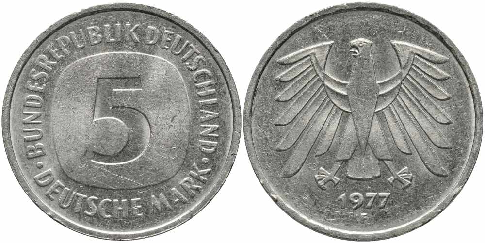 ФРГ 5 МАРОК 1977 F KM 141, J. 415 медно-никель плакированный никелем 111-325