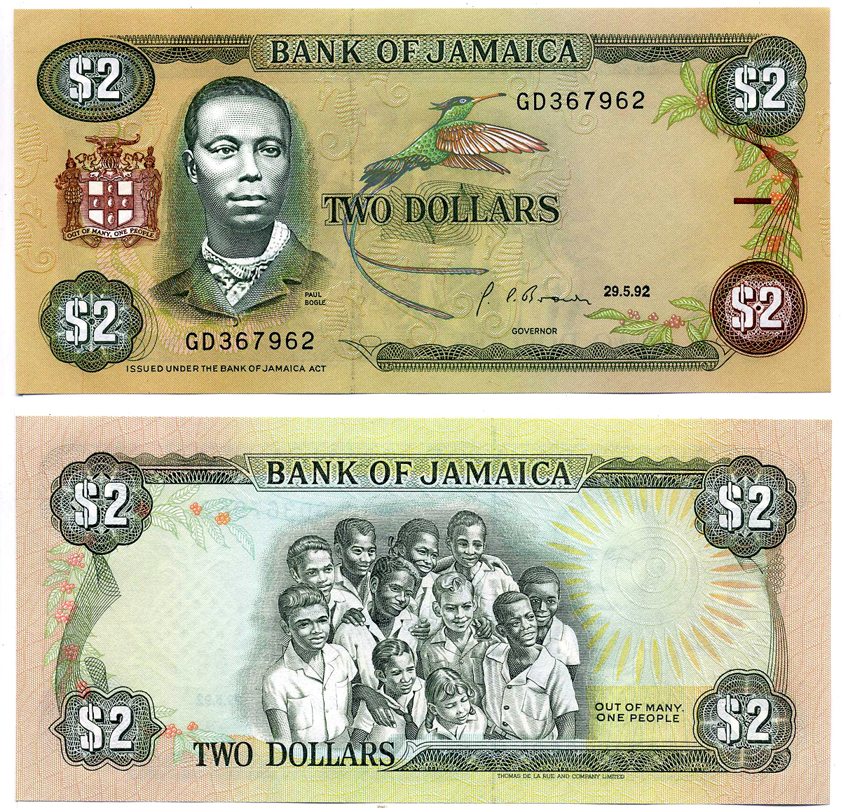 Ямайка 2 доллара 1992 29 мая 1992, подпись 10, ПОЛ БОГЛ Pick 69d бумага UNC (пресс) 2197-20-2-2