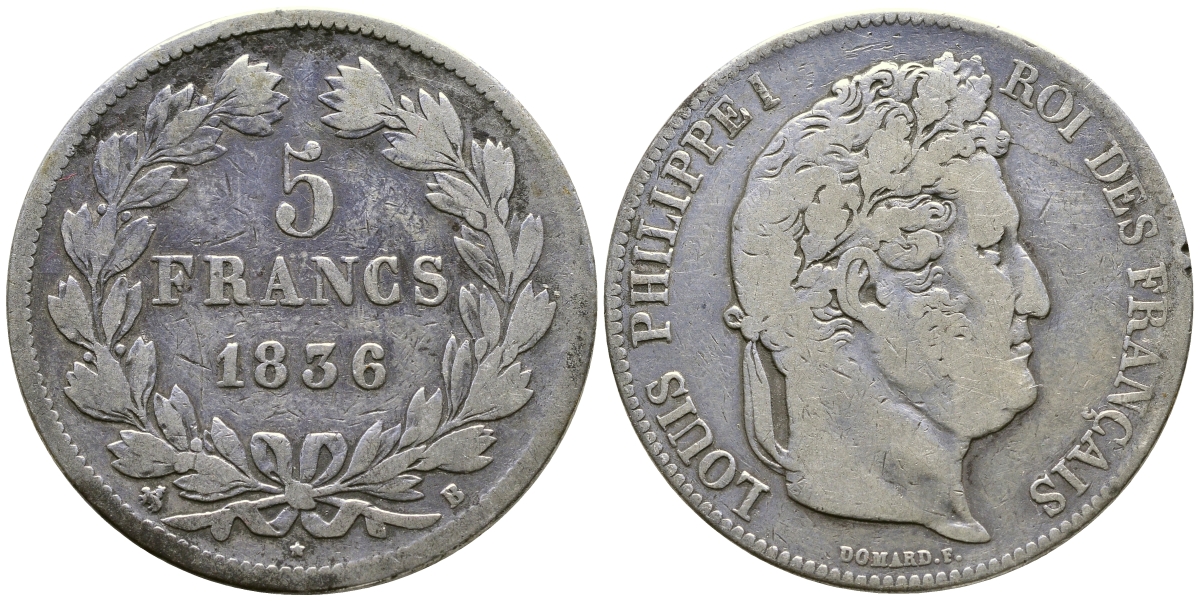 Франция 5 франков 1836 B, Луи Филипп I (1830-1848) KM 749.2 серебро 1066-7-53