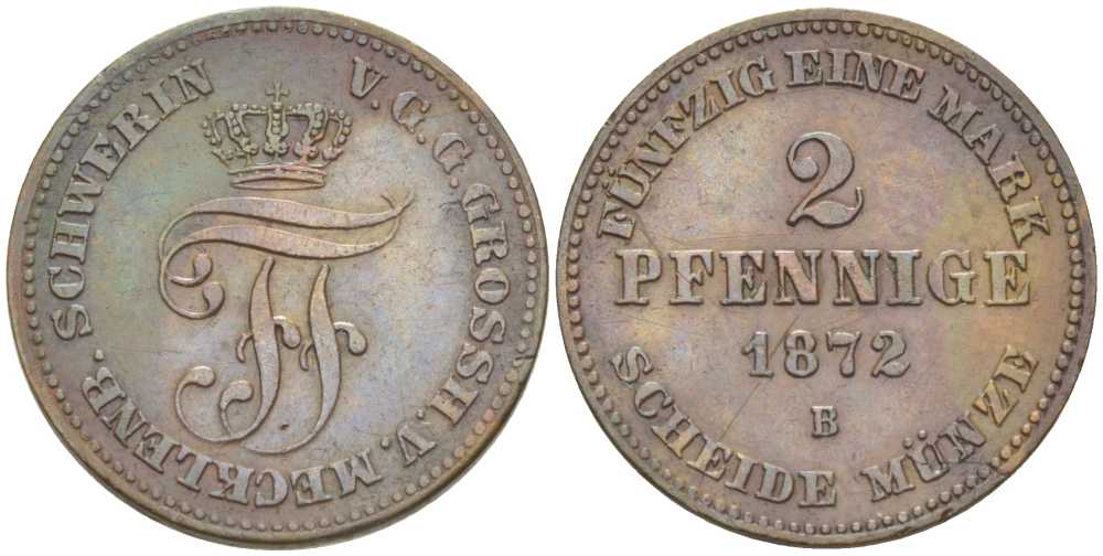 Мекленбург-Шверин 2 пфеннига 1872 В, Фридрих Франц II (1842-1883) KM 316 (С103), AKS 49, J.61 медь 206-266