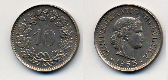 Швейцария 10 раппенов 1965 В KM 27 медно-никель 54-764