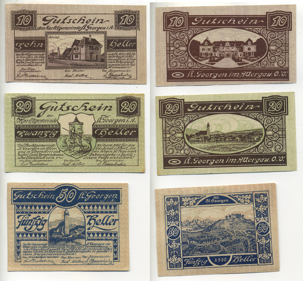 Австрия набор из 3 банкнот 1920 29 марта 1920, нотгельд, 10, 20, 50 геллеров, ST. GEOREN im ATTERGAU   бумага  XF 7555-4-1-1