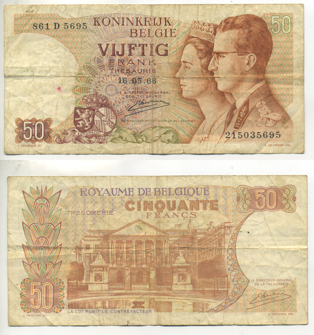 БЕЛЬГИЯ 50 ФРАНКОВ 1966 16 МАЯ 1966, ПОДПИСЬ 20, КОРОЛЬ БОДУЭН И КОРОЛЕВА ФАБИОЛА Pick 139 бумага 6299-9-3-1