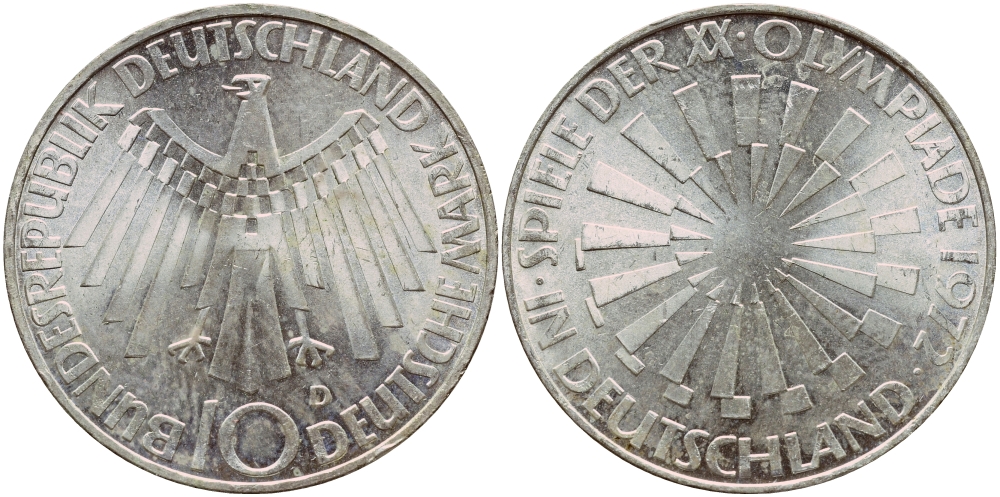 ФРГ 10 МАРОК 1972 D, ОЛИМПИАДА, СПИРАЛЬ J 401b, KM 134.1 серебро aUNC 1522-324
