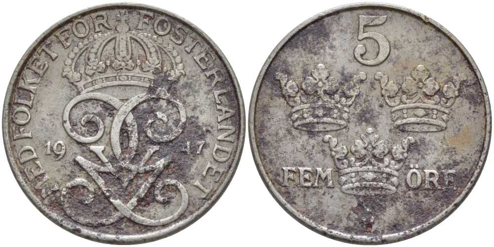 Швеция 5 эре 1947 Густав V (1907-1950) KM 812 железо 115-926