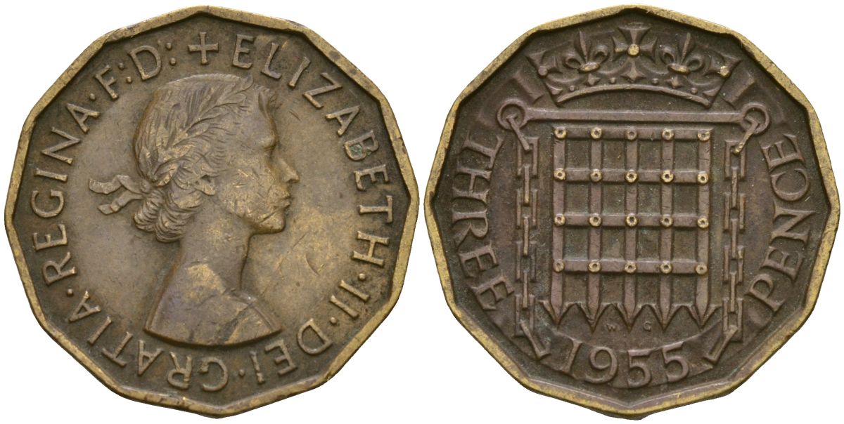 Великобритания 3 пенса 1955 Елизавета II (1952-2022) KM 900, Spink 4153 никель латунь 4573-551