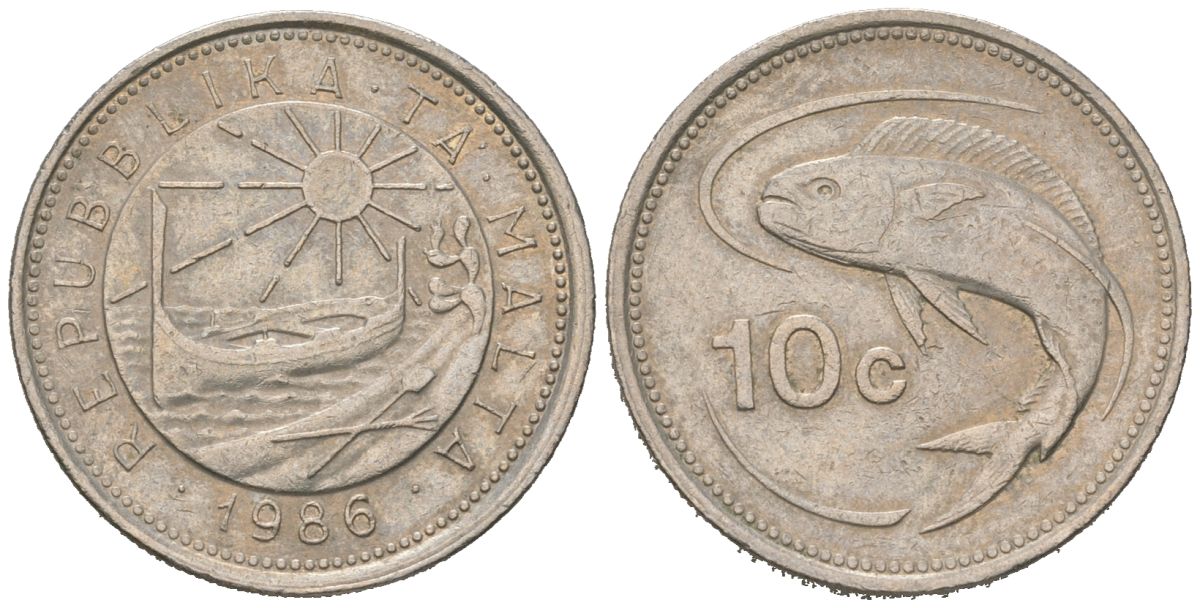 Мальта 10 центов 1986 золотая макрель KM 76 медно-никель 4528-1249