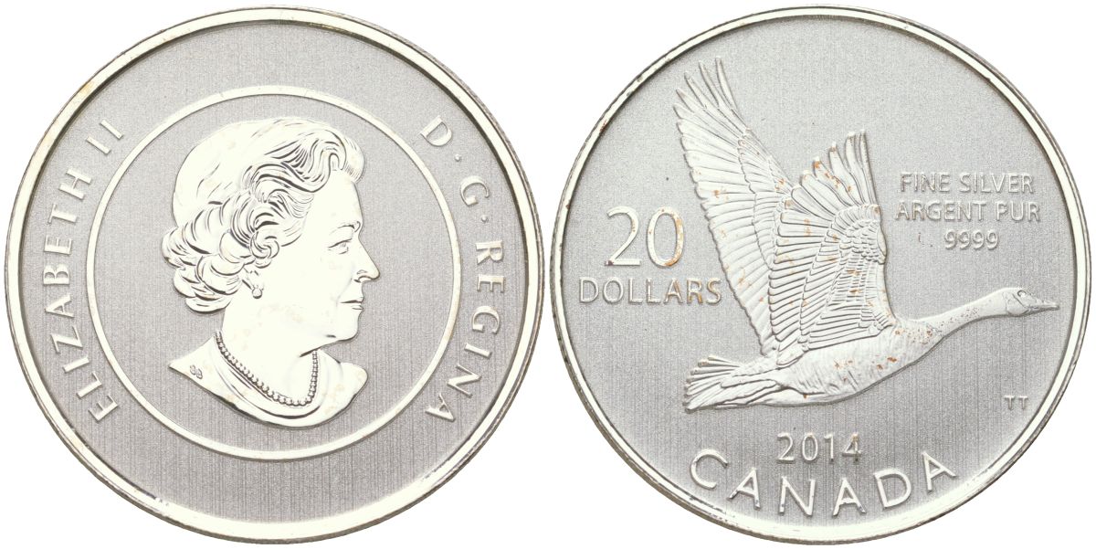 Канада 20 долларов 2014 Канадская казарка, Елизавета II (1952-2022) KM 1561 серебро BU 01-233-34