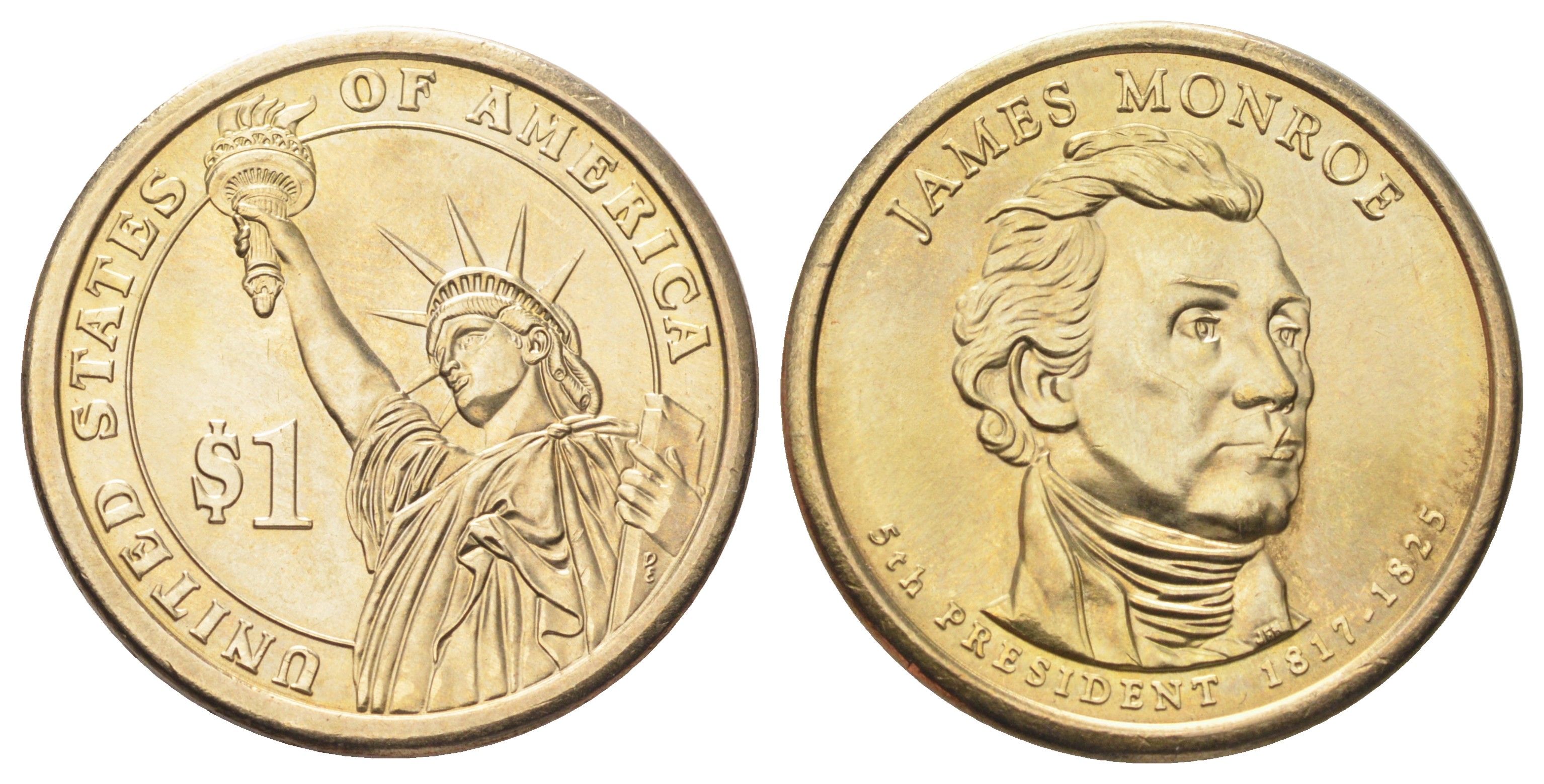 США 1 доллар 2008 D, Президент США - Джеймс Монро (1817-1825) KM 426 медь с марганцево-латунным покрытием UNC 4695-913