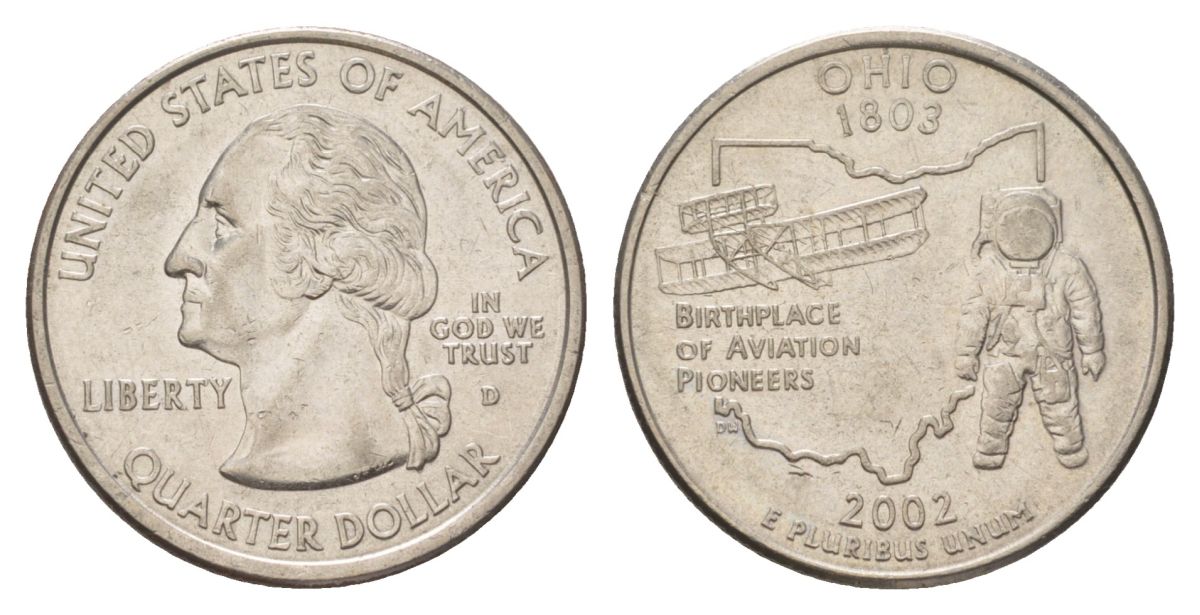 США 25 центов (квотер, 1/4 доллара) 2002 D, Квотер штата Огайо KM 332 медь плакированный медно-никелем UNC 4628-1217