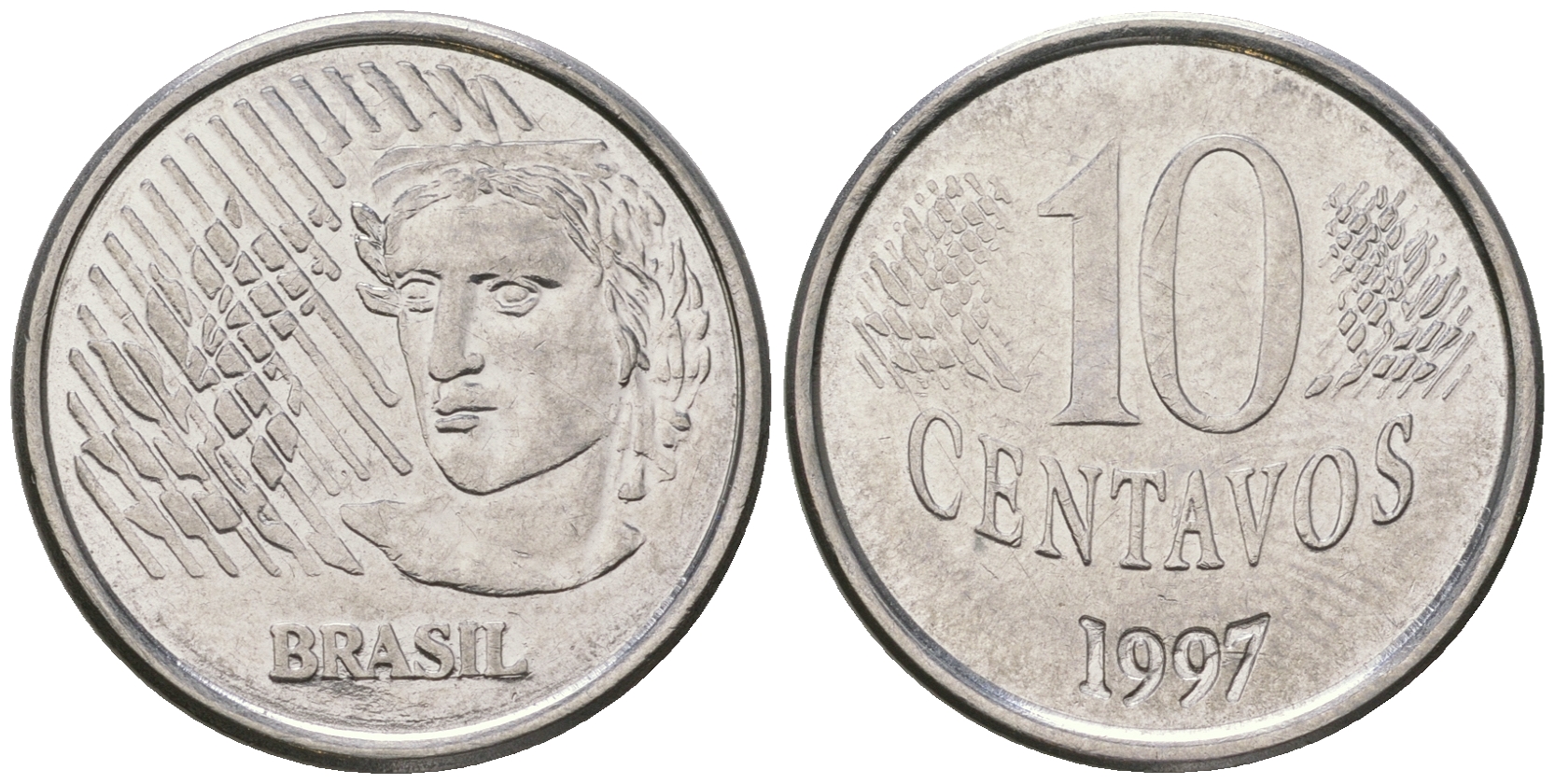 Бразилия 10 сентаво 1997 голова свободы KM 633 нержавеющая сталь 4641-331