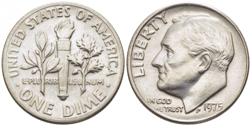 США 10 ЦЕНТОВ = 1 ДАЙМ 1975 РУЗВЕЛЬТ KM 195а медь плакированная медно-никелем 105-1047
