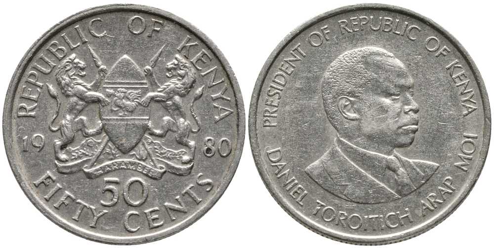 Кения 50 центов 1980 Дэниэл арап Мои KM 19 медно-никель 110-622