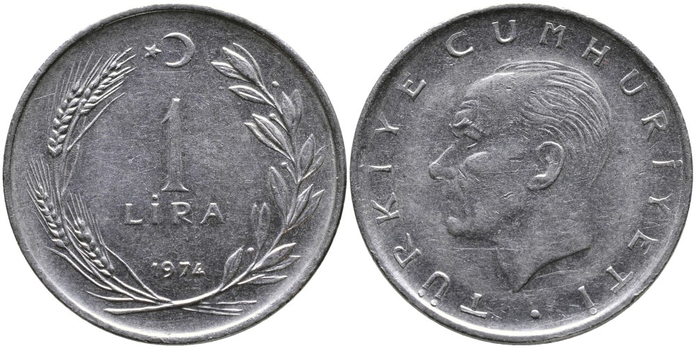 Турция 1 лира 1974 Мустафа Кемаль Ататюрк KM 889а.2 нержавеющая сталь 4178-823