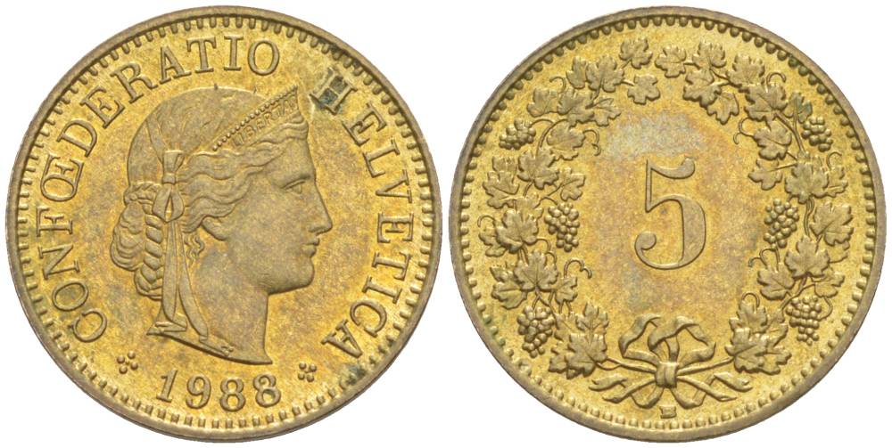 ШВЕЙЦАРИЯ 5 РАППЕНОВ 1988 В KM 26с алюминий латунь 4549-843
