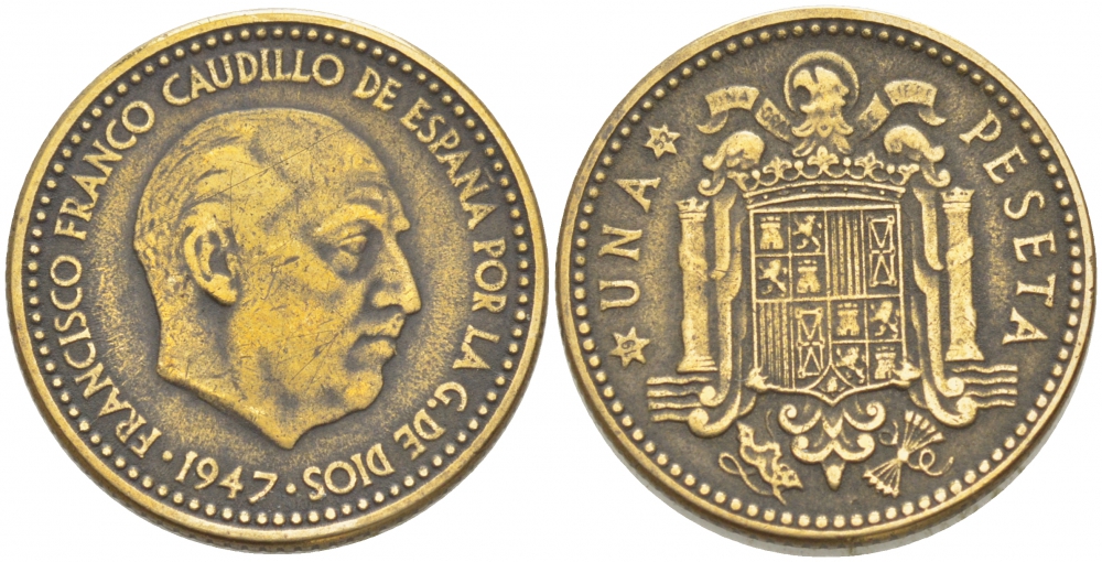 ИСПАНИЯ 1 ПЕСЕТА 1947 (52) ФРАНСИСКО ФРАНКО ДИКТАТОР ИСПАНИИ (1939-1975) KM 775 алюминиевая бронза 87-1435