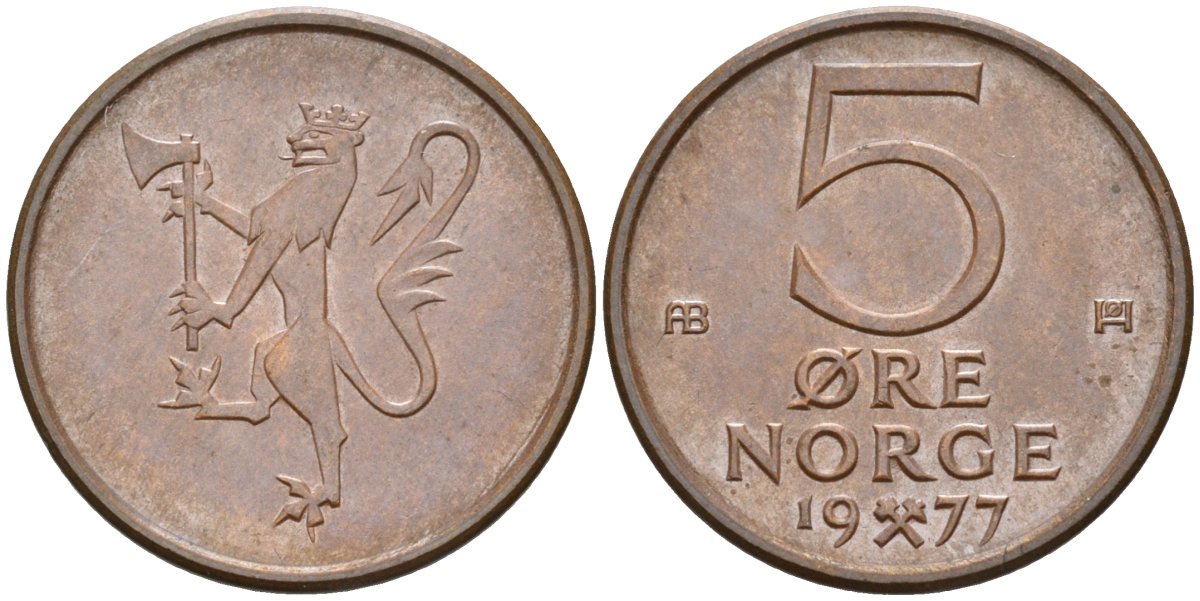 Норвегия 5 эре 1977 Улаф V (1958-1991) KM 415 бронза UNC 4582-544