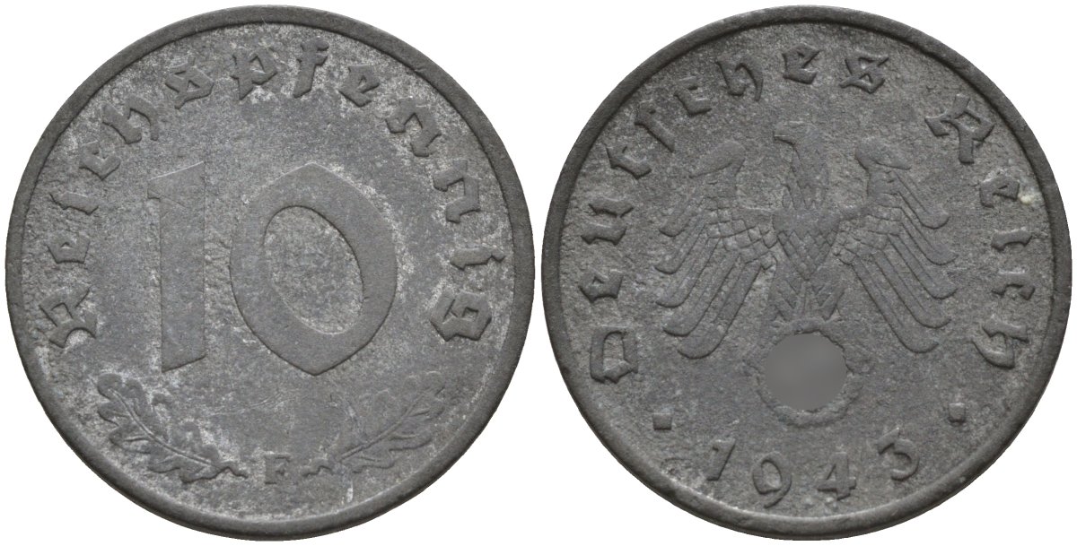 Германия 10 рейхспфеннигов 1943 F KM 101, J.371 цинк 4151-253