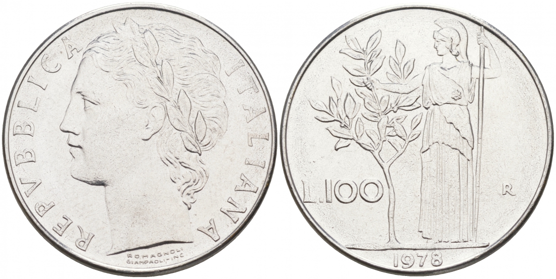 ИТАЛИЯ 100 ЛИР 1978 R, АФИНА KM 96.1 нержавеющая сталь 3855-823