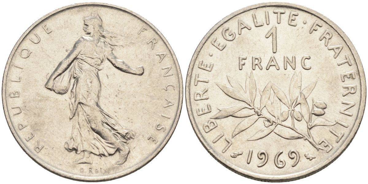 Франция 1 франк 1969 сеятель, тип Semeuse KM 925, Le Franc 226.14 никель 4592-1113