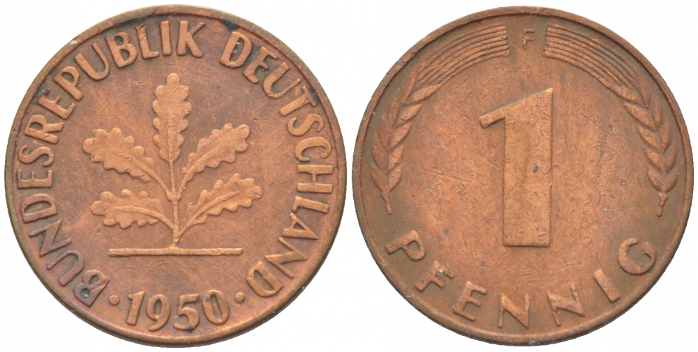 ФРГ 1 ПФЕННИГ 1950 F KM 105, J.380 сталь плакированная медью 4396-1515