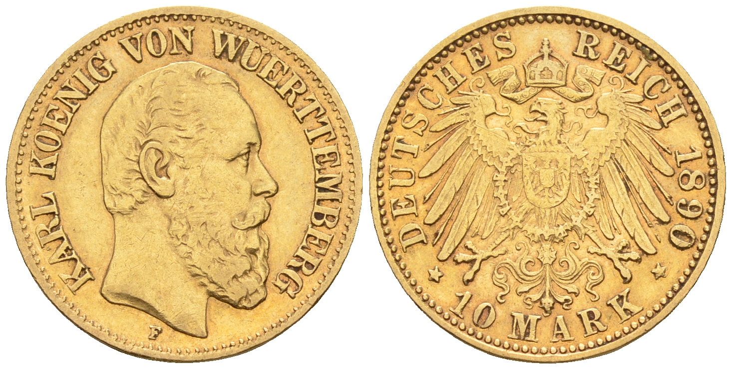 Вюртемберг 10 марок 1890 Карл I (1864-1891) J. 294, KM 634 золото 10-016-46