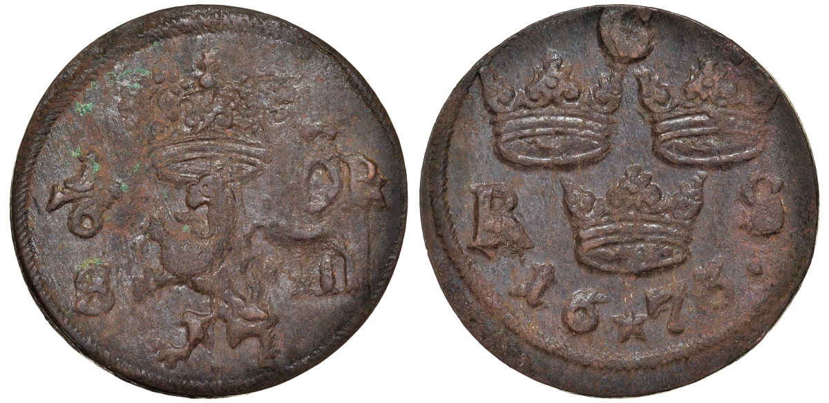 Швеция 1/6 эре 1673 Карл XI (1660-1697), была в обращении на территории России KM 254 медь 4177-416