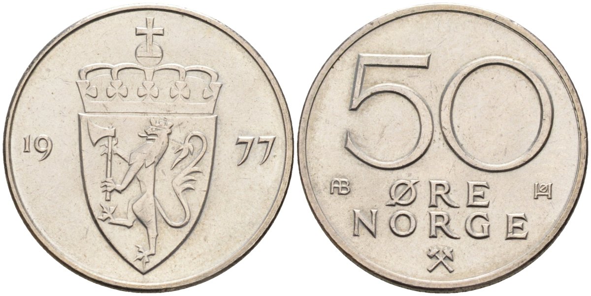 Норвегия 50 эре 1977 Улаф V (1957-1991) KM 418 медно-никель aUNC 4586-1142