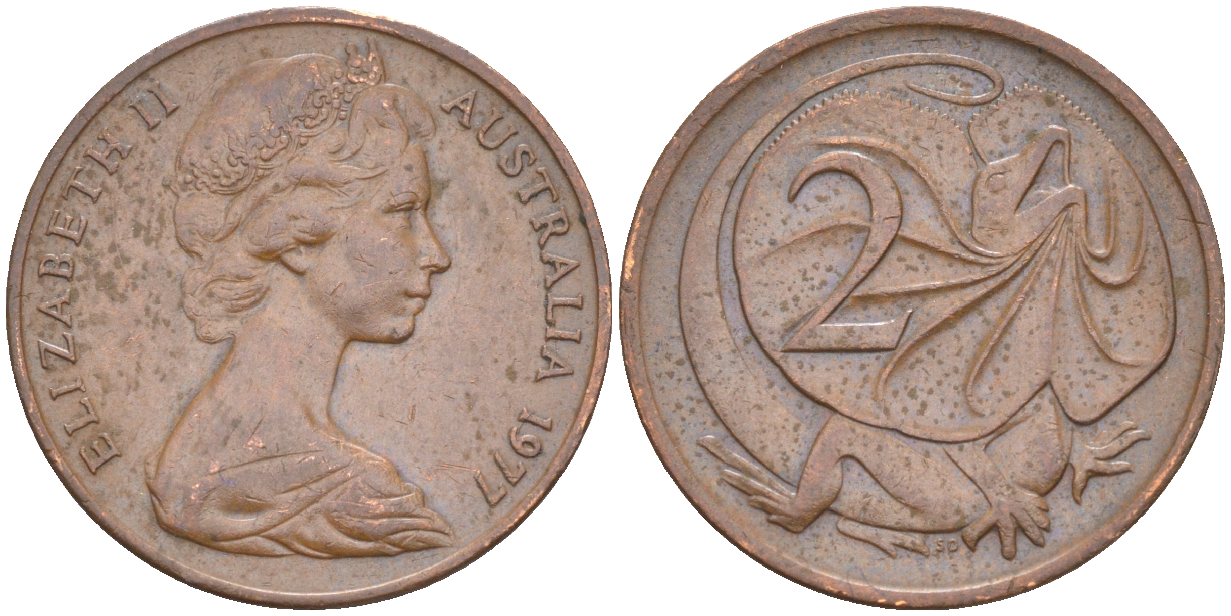 АВСТРАЛИЯ 2 ЦЕНТА 1977 ЕЛИЗАВЕТА II, МОЛОДОЙ ПОРТРЕТ, ПЛАЩЕНОСНАЯ ЯЩЕРИЦА (FRILLED LIZARD) KM 63 бронза 119-1142