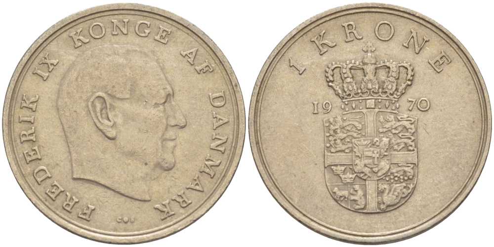 ДАНИЯ 1 КРОНА 1970 C; S, ФРЕДЕРИК IX (1947-1972) KM 851.1 медно-никель 95-745