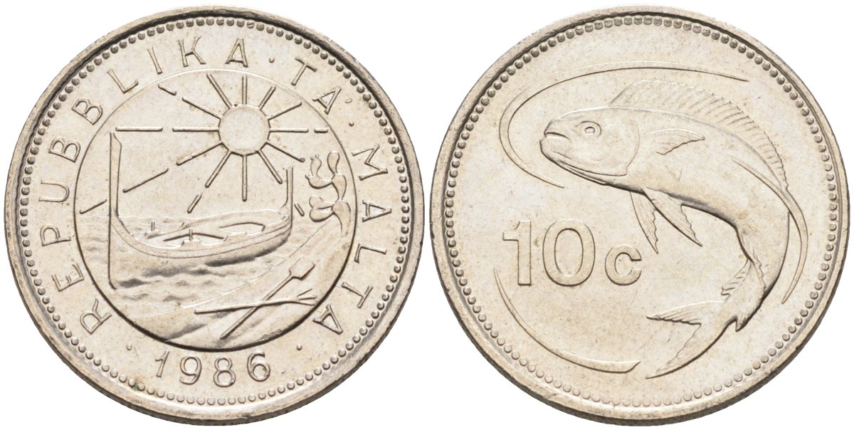 Мальта 10 центов 1986 золотая макрель KM 76 медно-никель 4588-144