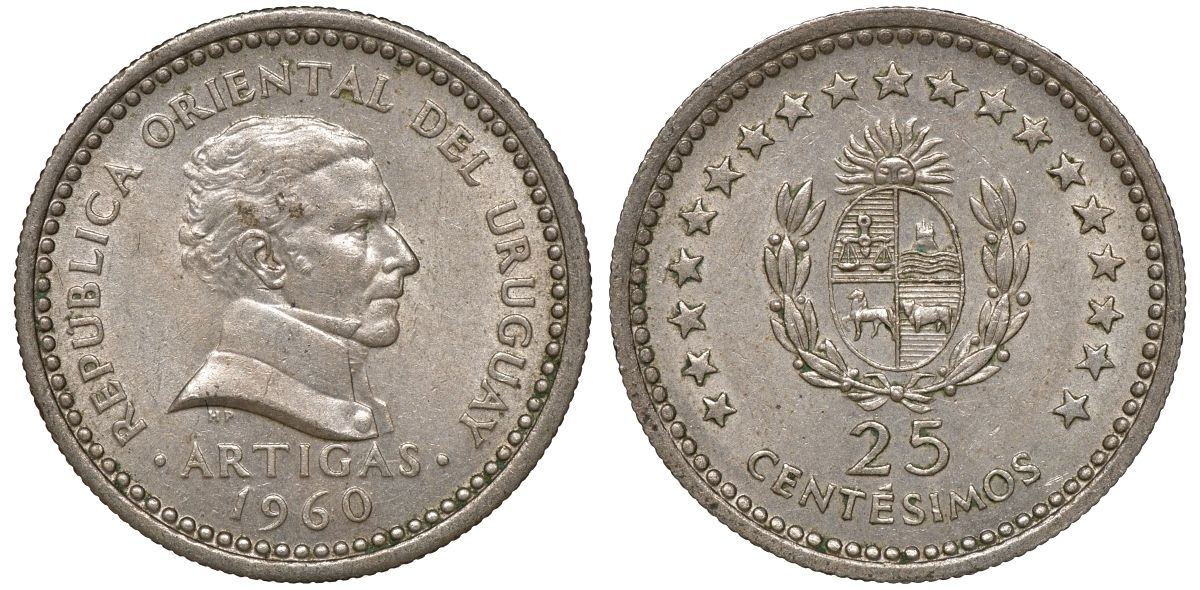 Уругвай 25 сентесимо 1960 KM 40 медно-никель 4169-923