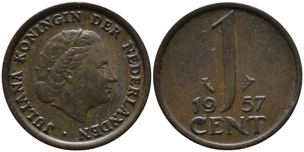 Нидерланды 1 цент 1957 Юлиана (1949-1980) KM 180 бронза 220-419