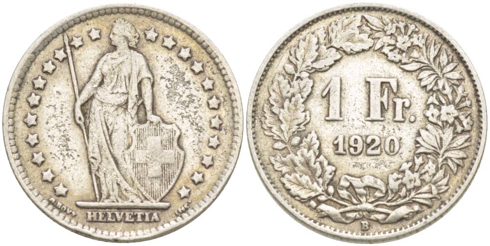 Швейцария 1 франк 1920 В KM 24 серебро 4544-357