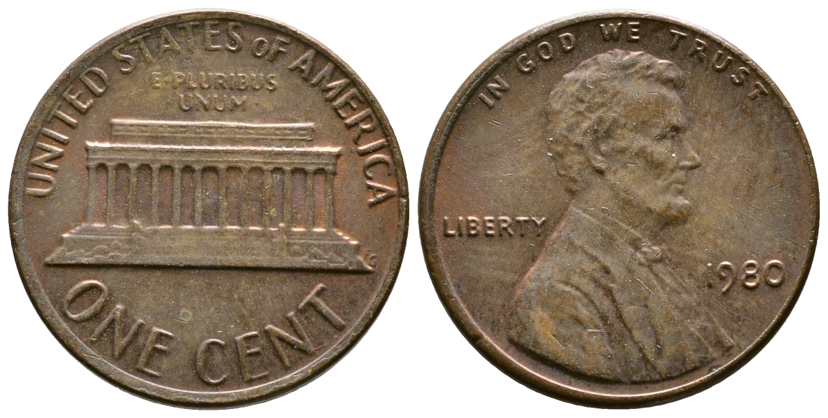США 1 цент 1980 Авраам Линкольн KM 201 медь цинк    4608-358