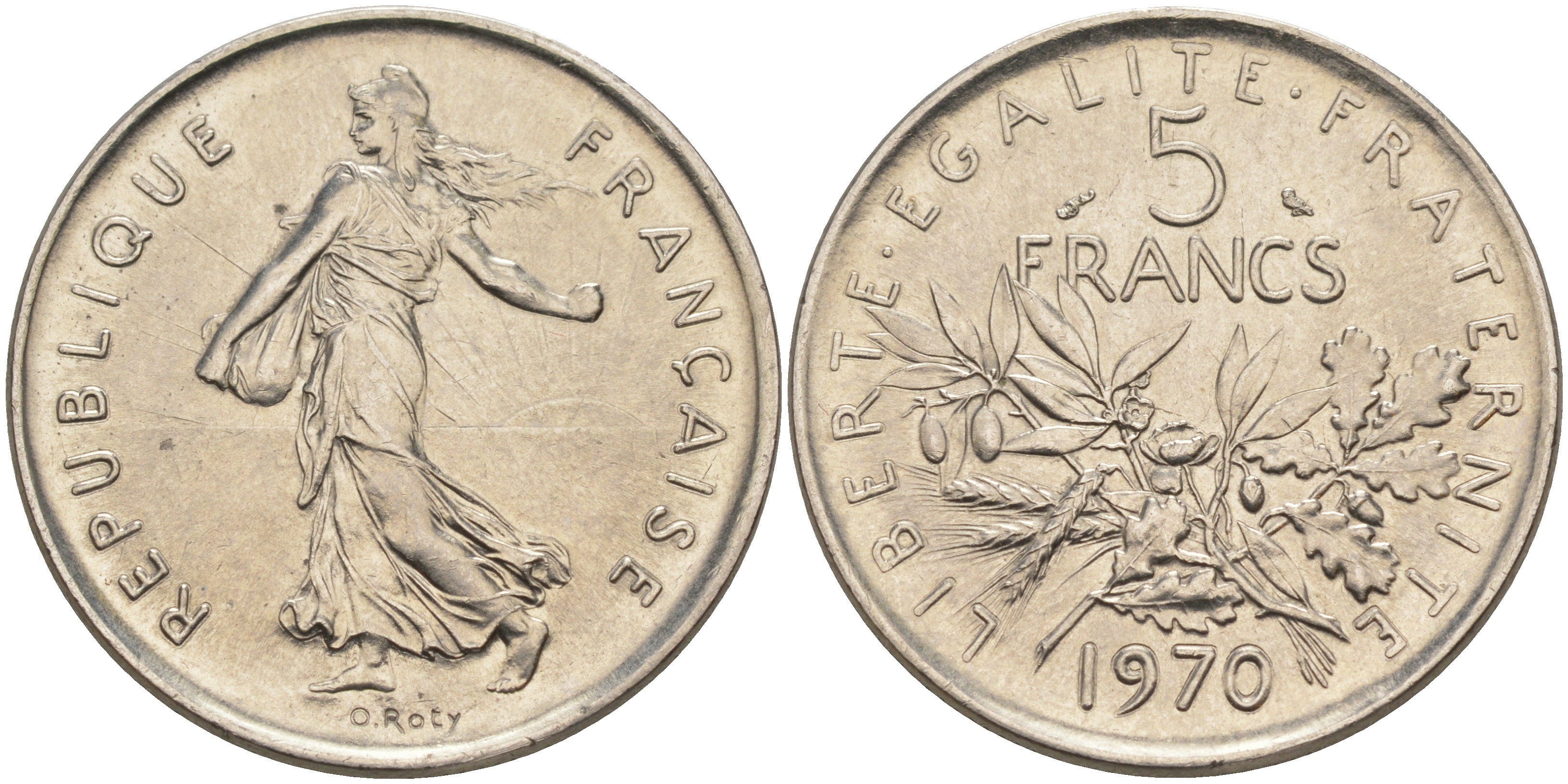 Франция 5 франков 1970 сеятель, тип Semeuse KM 926a.1, Le Franc 341.2 медно-никель плакированный никелем 63-542