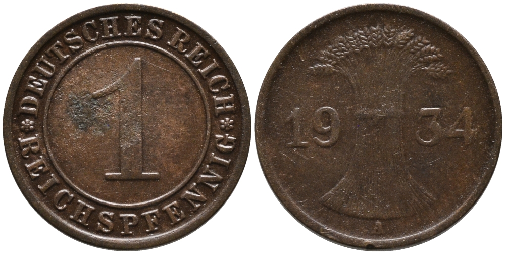 ГЕРМАНИЯ 1 РЕЙХСПФЕННИГ 1934 А KM 37, J.313 бронза 179-648