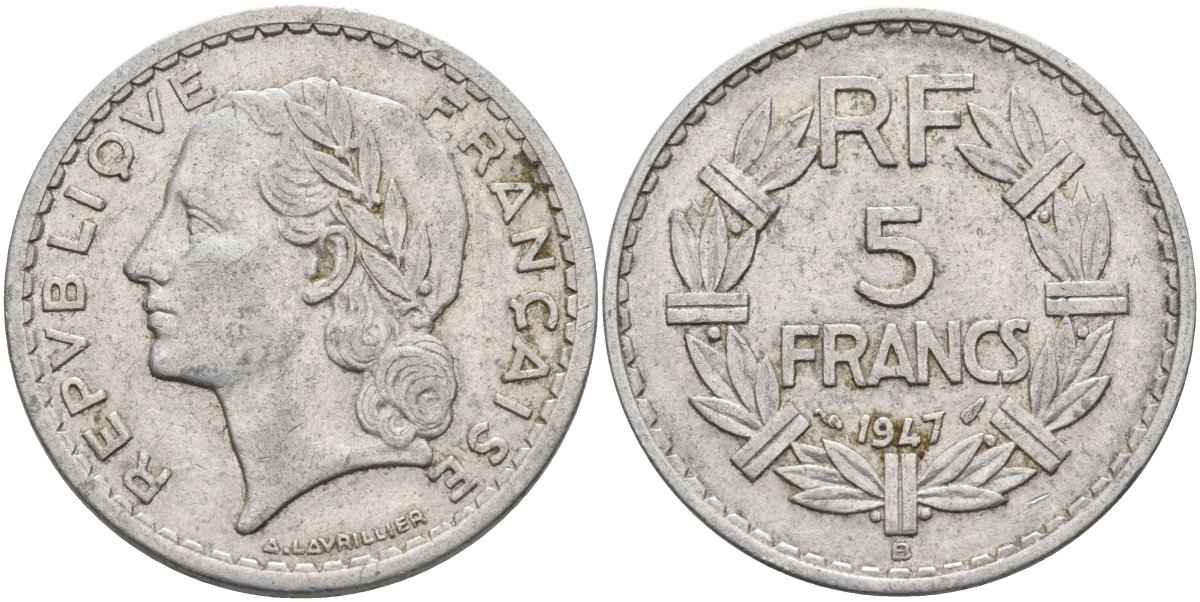 Франция 5 франков 1947 В, закрытая "9", мондвор Бомон-ле-Роже KM 888b.2 алюминий 4593-416