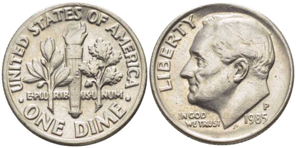 США 10 ЦЕНТОВ = 1 ДАЙМ 1985 Р, РУЗВЕЛЬТ KM 195а медь плакированная медно-никелем 116-626
