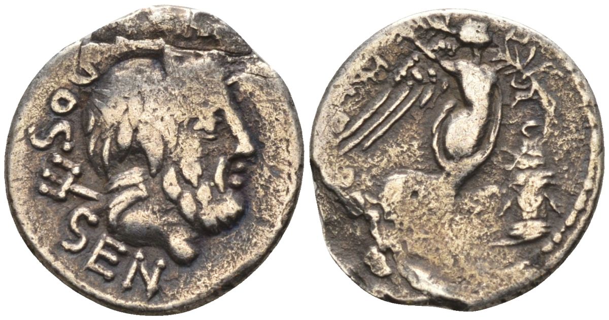 Римская Республика квинарий 87 г. до н.э. монетарий Л. Рубрий Доссен, DOSSEN, голова Нептуна, трезубец / L RVBRI, Виктория с пальмовой ветвью и венком у алтаря, Рим, 1,47 гр Cr. 348/4; Syd. 708 серебро 1073-5-7-2