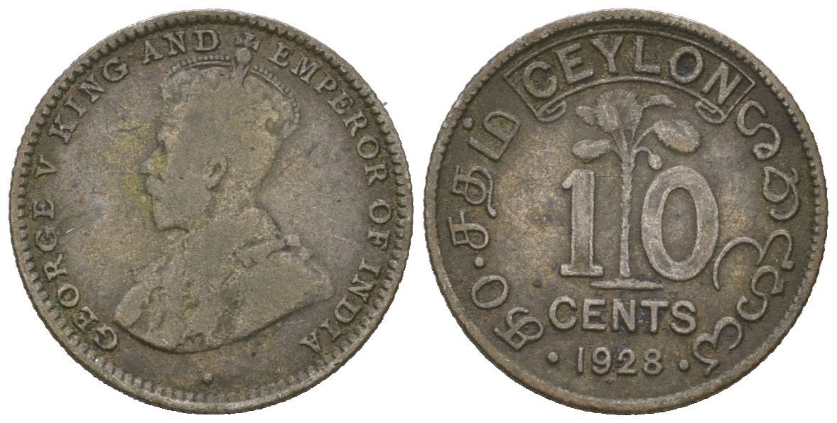 Цейлон 10 центов 1928 KM 104a серебро 4621-143