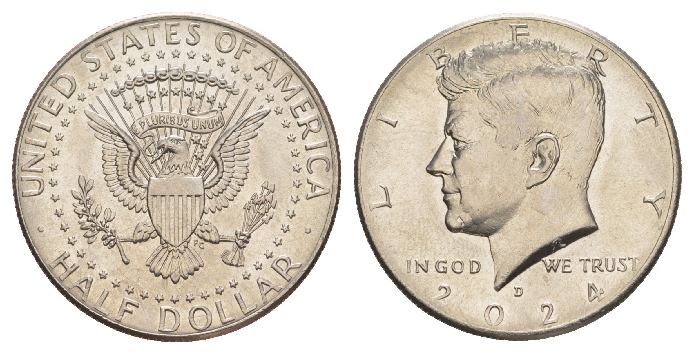 США 1/2 доллара (50 центов) 2024 D, Джон Кеннеди KM A202b медь плакированная медно-никелем UNC 32-713