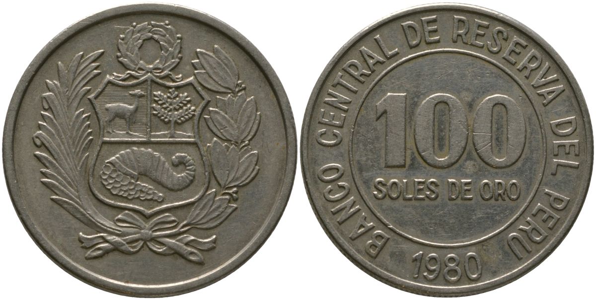 Перу 100 солей 1980 KM 283, Schon 84 медно-никель 4565-534