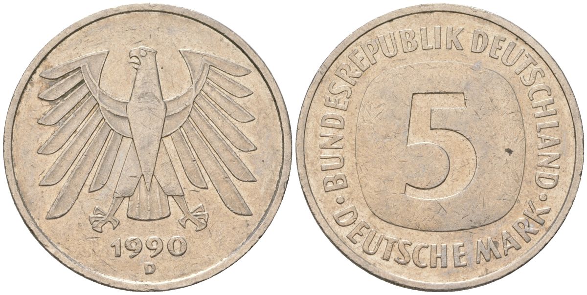 ФРГ 5 марок 1990 D KM 140.1 медно-никель 4557-646