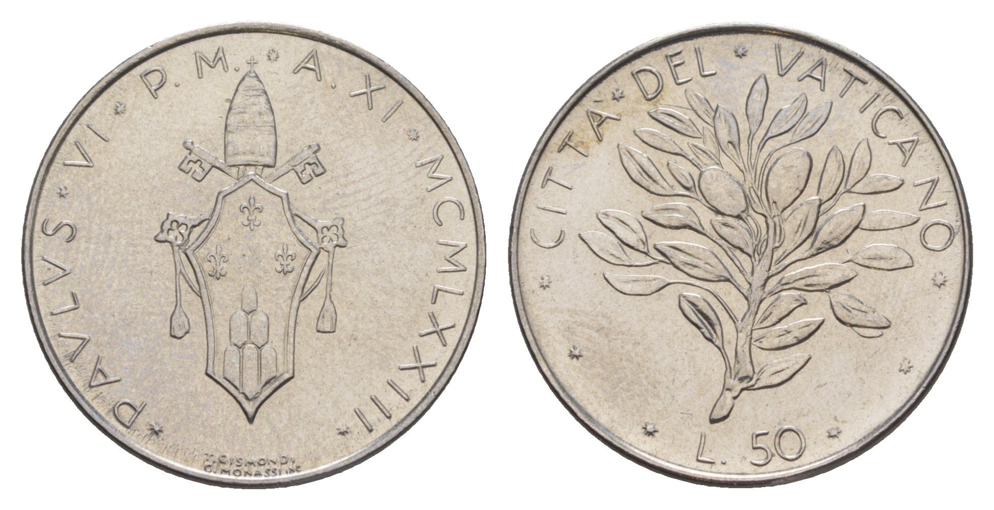 Ватикан 50 лир 1973 MCMLXXIII, Павел VI KM 121 нержавеющая сталь UNC 4648-126